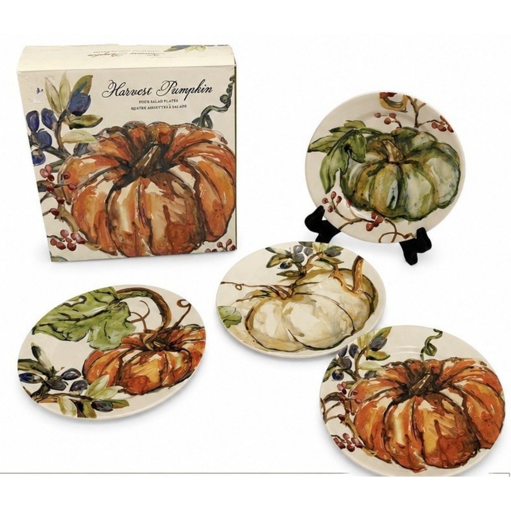 New In Box~4~Pottery Barn Fall Harvest Pumpkins 8 1/4" Salad/Dessert Plates